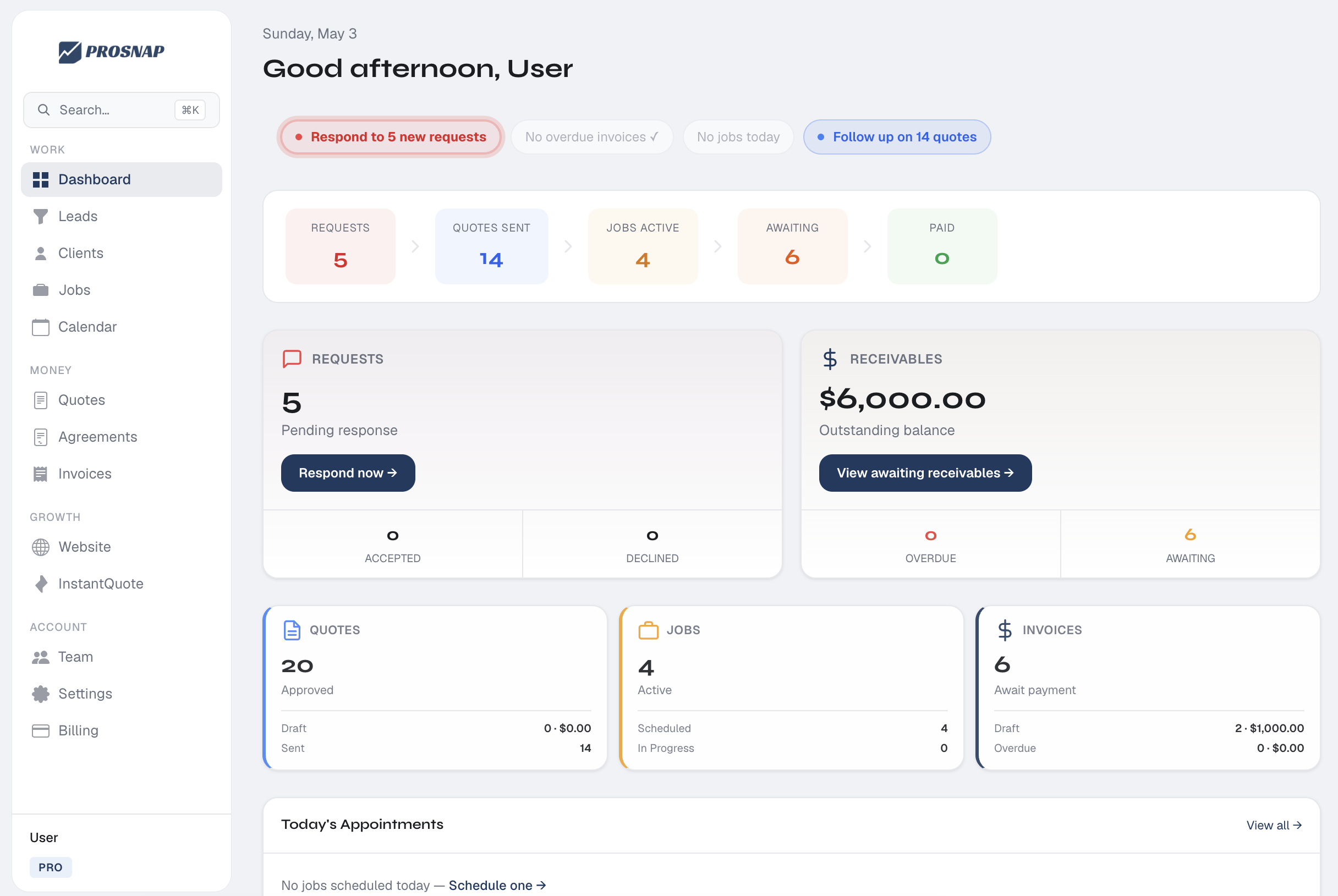 ProSnap dashboard showing jobs, quotes, invoices, and scheduling for a contractor business